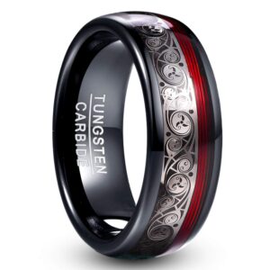 Vakki Black Tungsten Carbide Promise Ring with Celtic Spiral and Red Guitar String Inlay 8mm Domed Black Tungsten Wedding Band Size 11.5