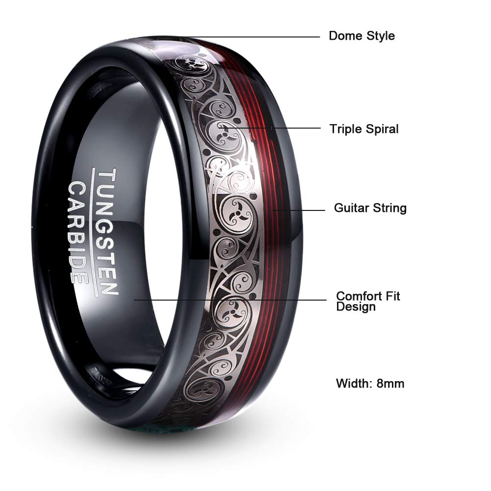 Vakki Black Tungsten Carbide Promise Ring with Celtic Spiral and Red Guitar String Inlay 8mm Domed Black Tungsten Wedding Band Size 11.5