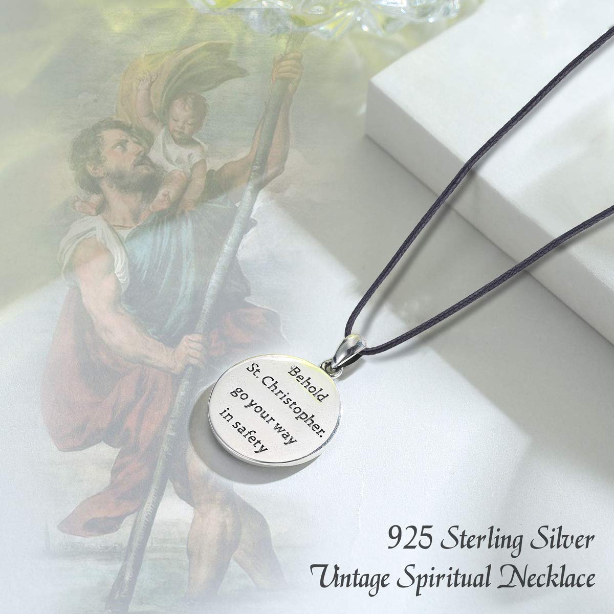 EUDORA Sterling Silver St Christopher Necklace for Man Women, Round Saint Christopher Protect Us Good Luck Spiritual Pendant, 24 inches Black Rope