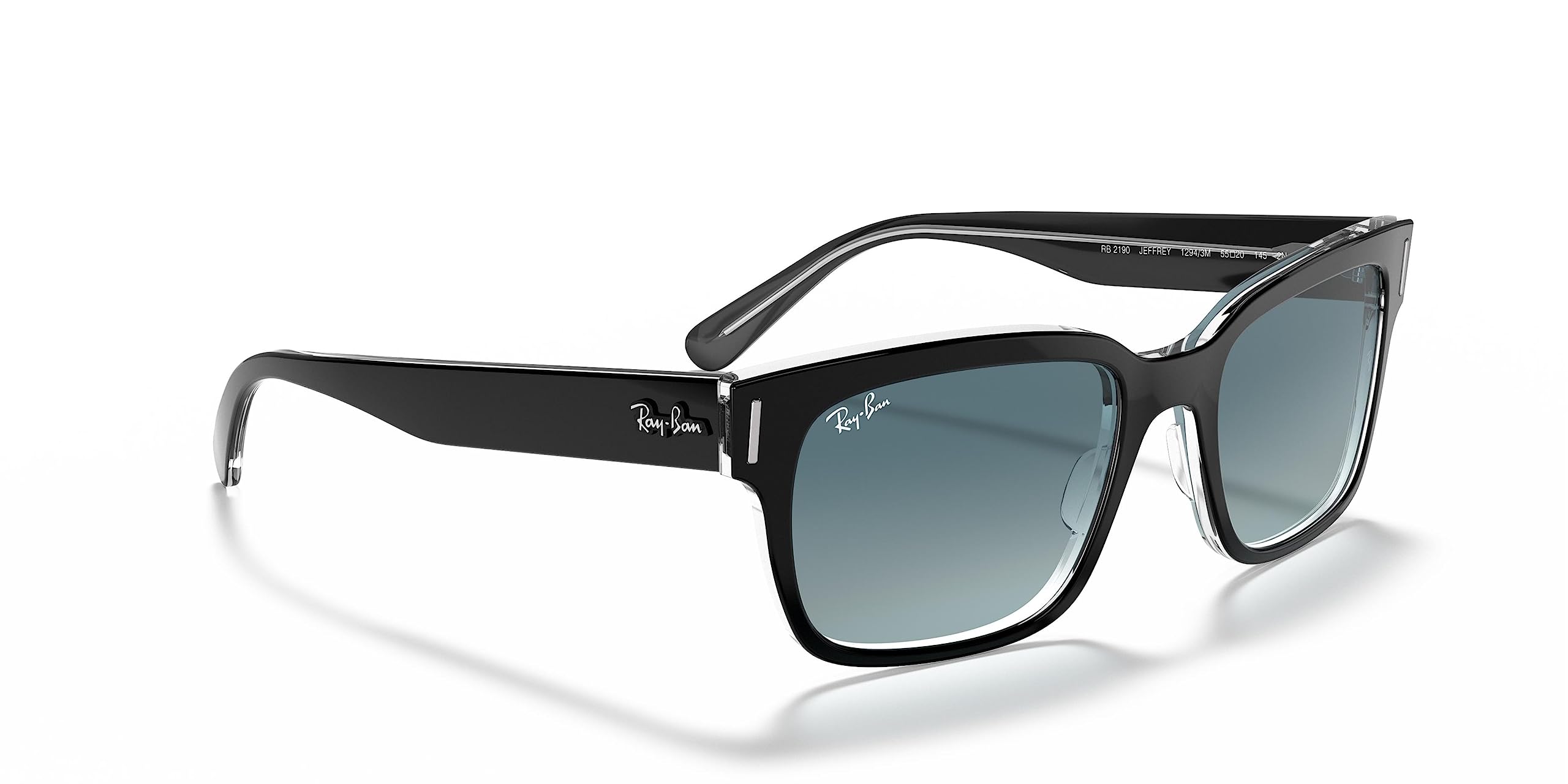 Ray-Ban Men's RB2190 Jeffrey Square Sunglasses, Black On Transparent/Blue Gradient Grey, 53 mm