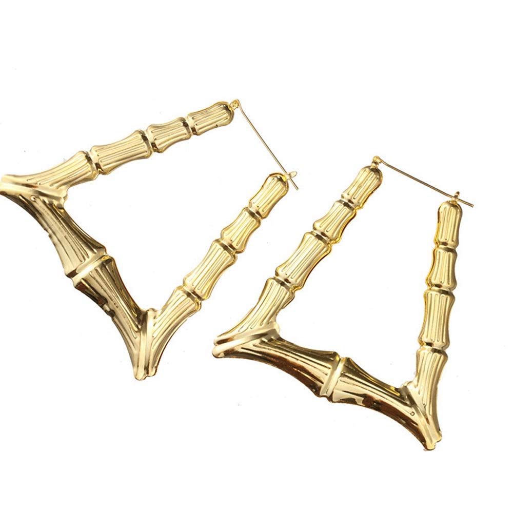 Gold Bamboo Triangle Hollow Hoop Earrings for Women - Big Large Bamboo Hoop Earring (Gold Triangle)