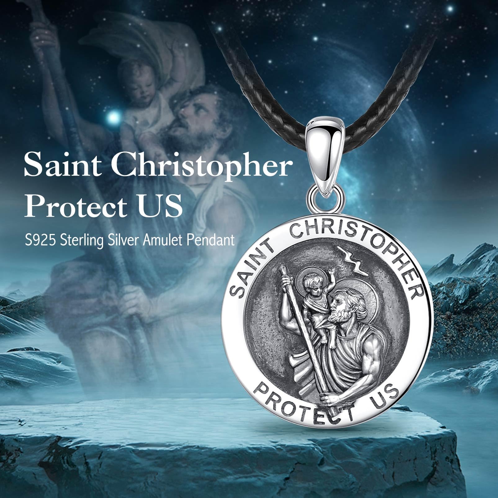 EUDORA Sterling Silver St Christopher Necklace for Man Women, Round Saint Christopher Protect Us Good Luck Spiritual Pendant, 24 inches Black Rope