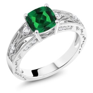 Gem Stone King 925 Sterling Silver Green Nano Emerald Engagement Ring For Women (1.16 Cttw, Cushion 6MM, Available in size 5, 6, 7, 8, 9)