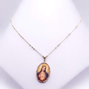 LESLIE BOULES Sacred Heart of Jesus Pendant Necklace for Women 18K Gold Plated Chain Religious Jewelry