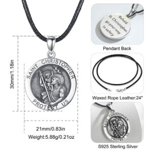 EUDORA Sterling Silver St Christopher Necklace for Man Women, Round Saint Christopher Protect Us Good Luck Spiritual Pendant, 24 inches Black Rope