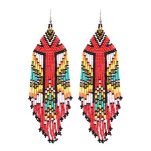 Long Beaded Tassel Earrings – Large Native Bohemian Statement Beaded Fringe Drop Earrings, Big Tribal Boho Seed Bead Chandelier Dangle Earrings for Women Girls (Red Beaded Earrings M)