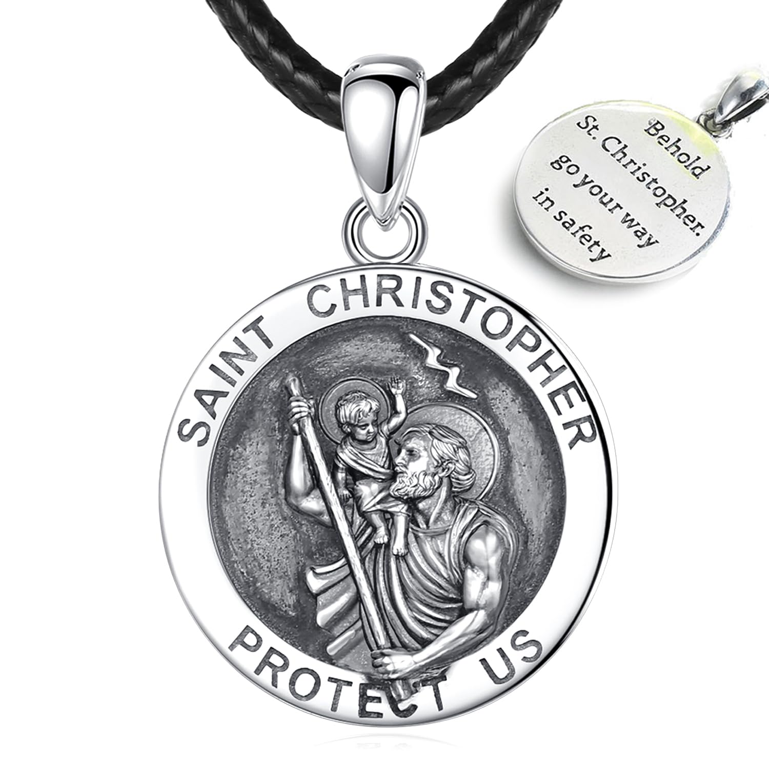 EUDORA Sterling Silver St Christopher Necklace for Man Women, Round Saint Christopher Protect Us Good Luck Spiritual Pendant, 24 inches Black Rope