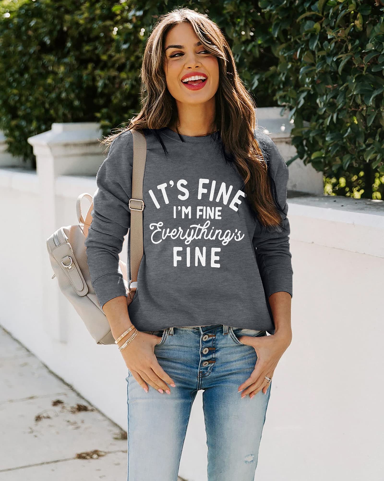 VILOVE Funny Sweatshirts for Women It‘s Fine I’m Fine Everything is Fine Shirts Inspirational T-Shirt Cute Sayings Tee Tops Gray