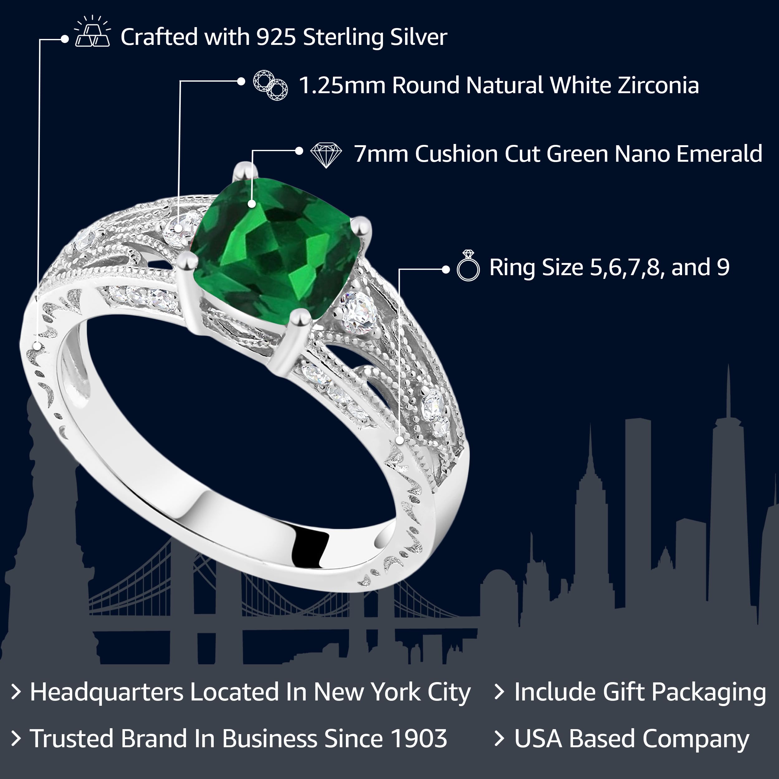 Gem Stone King 925 Sterling Silver Green Nano Emerald Engagement Ring For Women (1.16 Cttw, Cushion 6MM, Available in size 5, 6, 7, 8, 9)