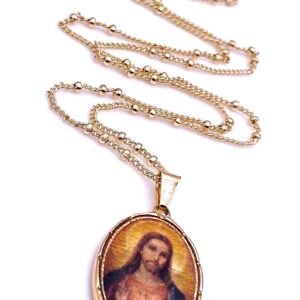 LESLIE BOULES Sacred Heart of Jesus Pendant Necklace for Women 18K Gold Plated Chain Religious Jewelry