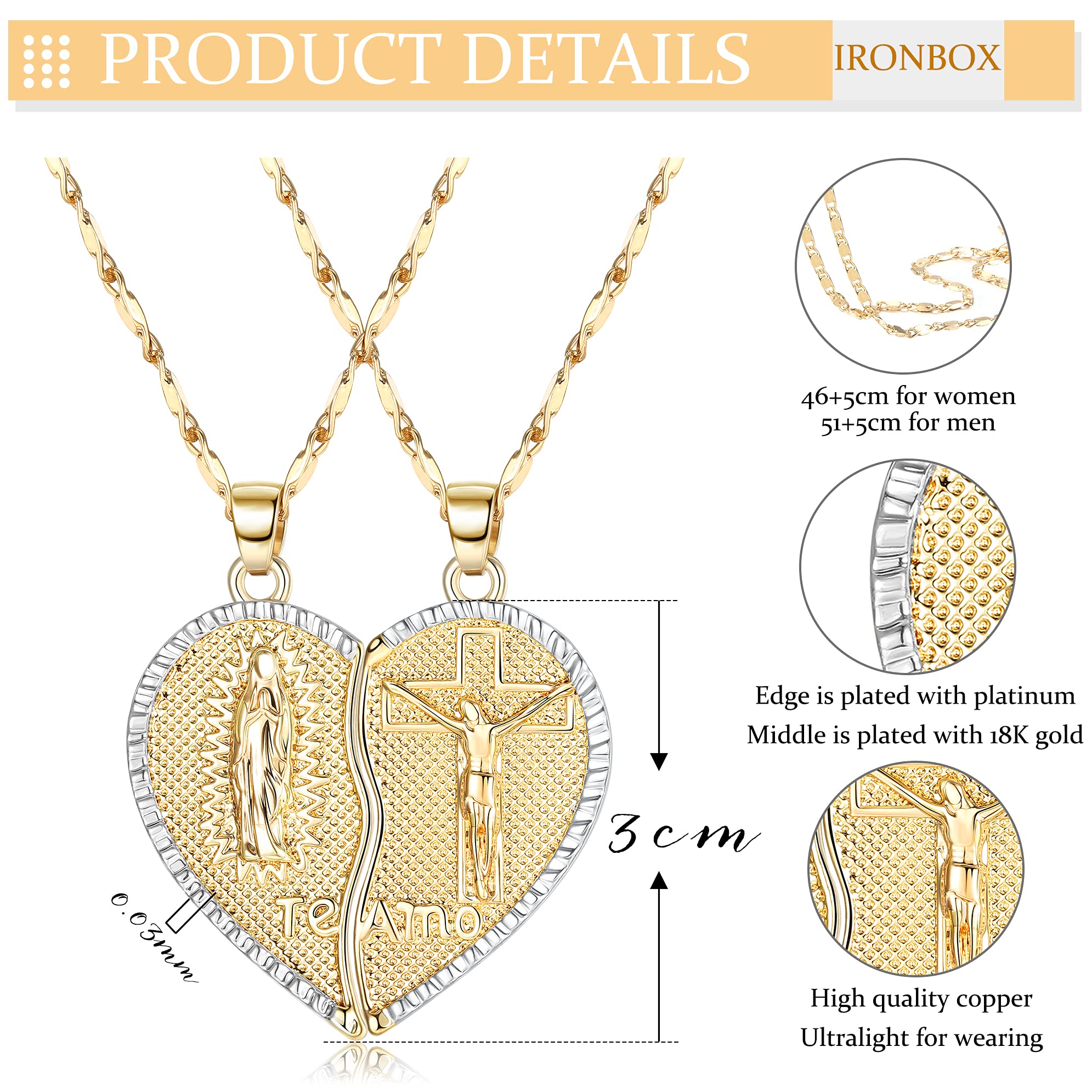 IRONBOX 18K Gold Plated Couples Necklace Virgin Mary Necklace Jesus Necklace Heart Necklace Plated Gold Necklace Couple Jewelry for Him and Her