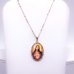 LESLIE BOULES Sacred Heart of Jesus Pendant Necklace for Women 18K Gold Plated Chain Religious Jewelry