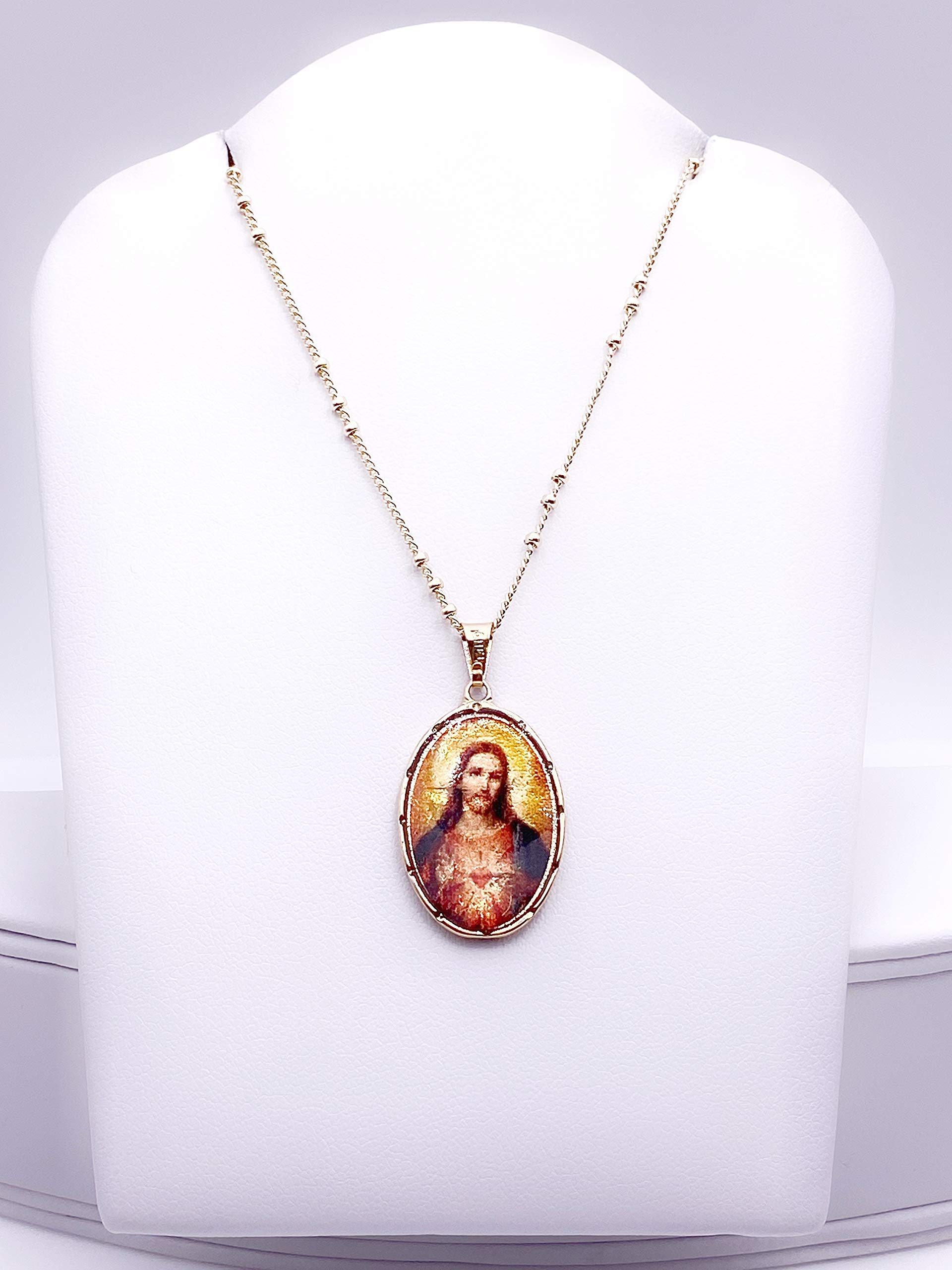 LESLIE BOULES Sacred Heart of Jesus Pendant Necklace for Women 18K Gold Plated Chain Religious Jewelry