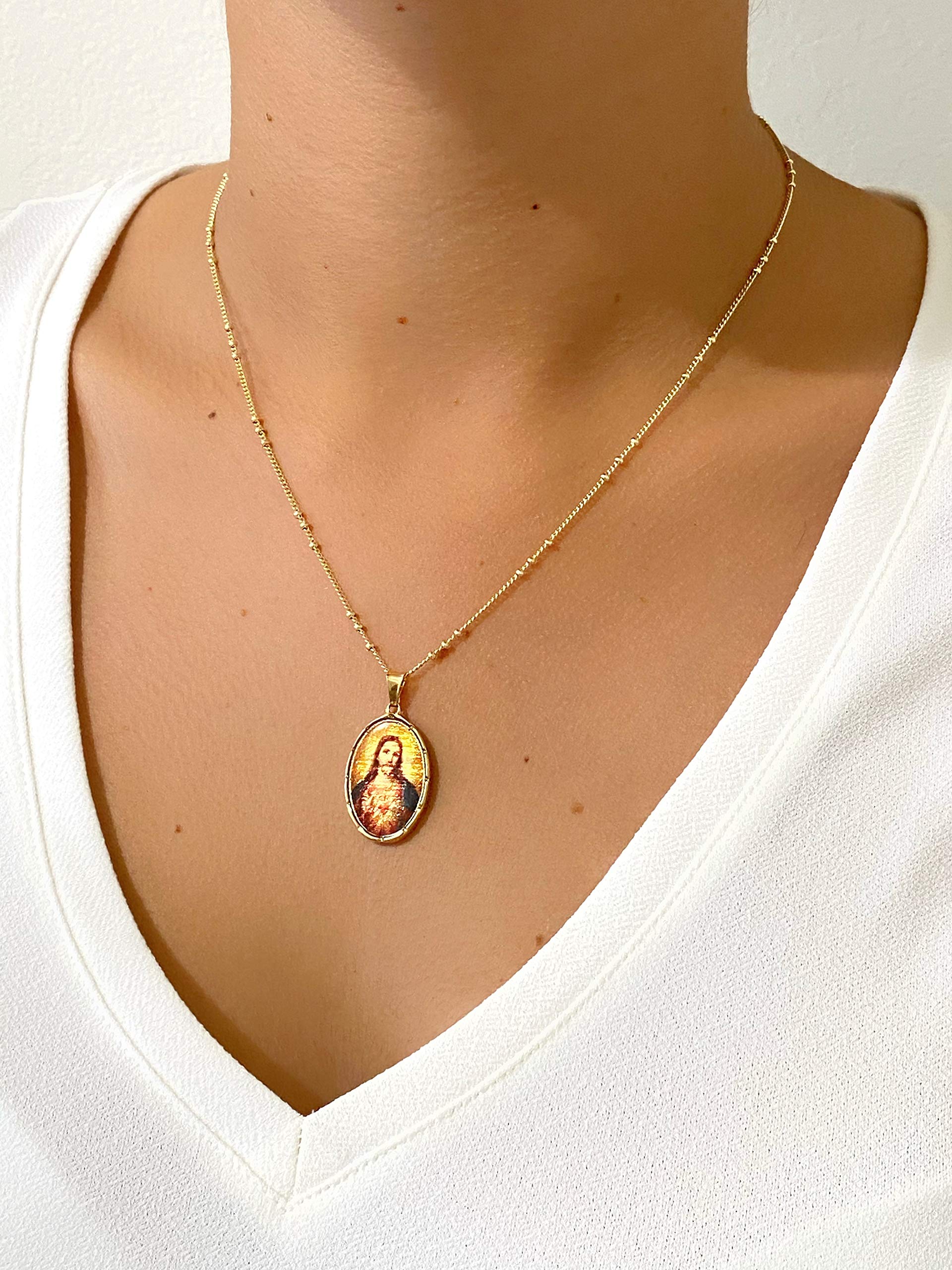 LESLIE BOULES Sacred Heart of Jesus Pendant Necklace for Women 18K Gold Plated Chain Religious Jewelry