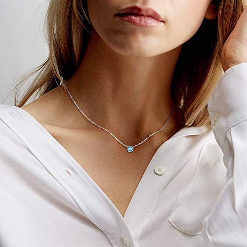 ChicSilver March Birthstone Necklace 925 Sterling Silver Blue Aquamarine Necklace Tiny Birthstone Jewelry with 16 Inch Chain Necklace