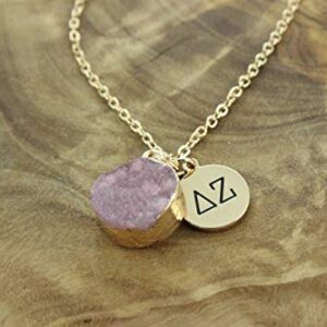 Sorority Shop DZ Necklace - Delta Zeta Pink Druzy Gemstone Necklace With Engraved Pendant – 14K Gold Dipped Jewelry with Pink Gemstone – Sorority Gift, Charm Paraphernalia