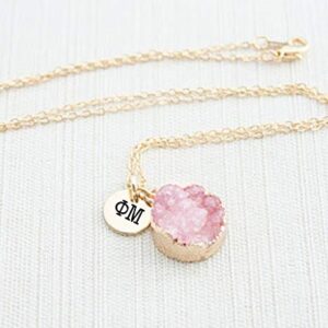 Sorority Shop PM Necklace - Phi Mu Pink Druzy Gemstone Necklace With Engraved Pendant – 14K Gold Dipped Jewelry with Pink Gemstone – Sorority Gift, Charm Paraphernalia