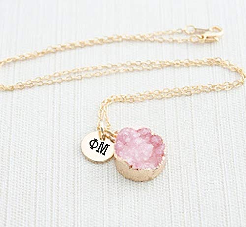 Sorority Shop PM Necklace - Phi Mu Pink Druzy Gemstone Necklace With Engraved Pendant – 14K Gold Dipped Jewelry with Pink Gemstone – Sorority Gift, Charm Paraphernalia