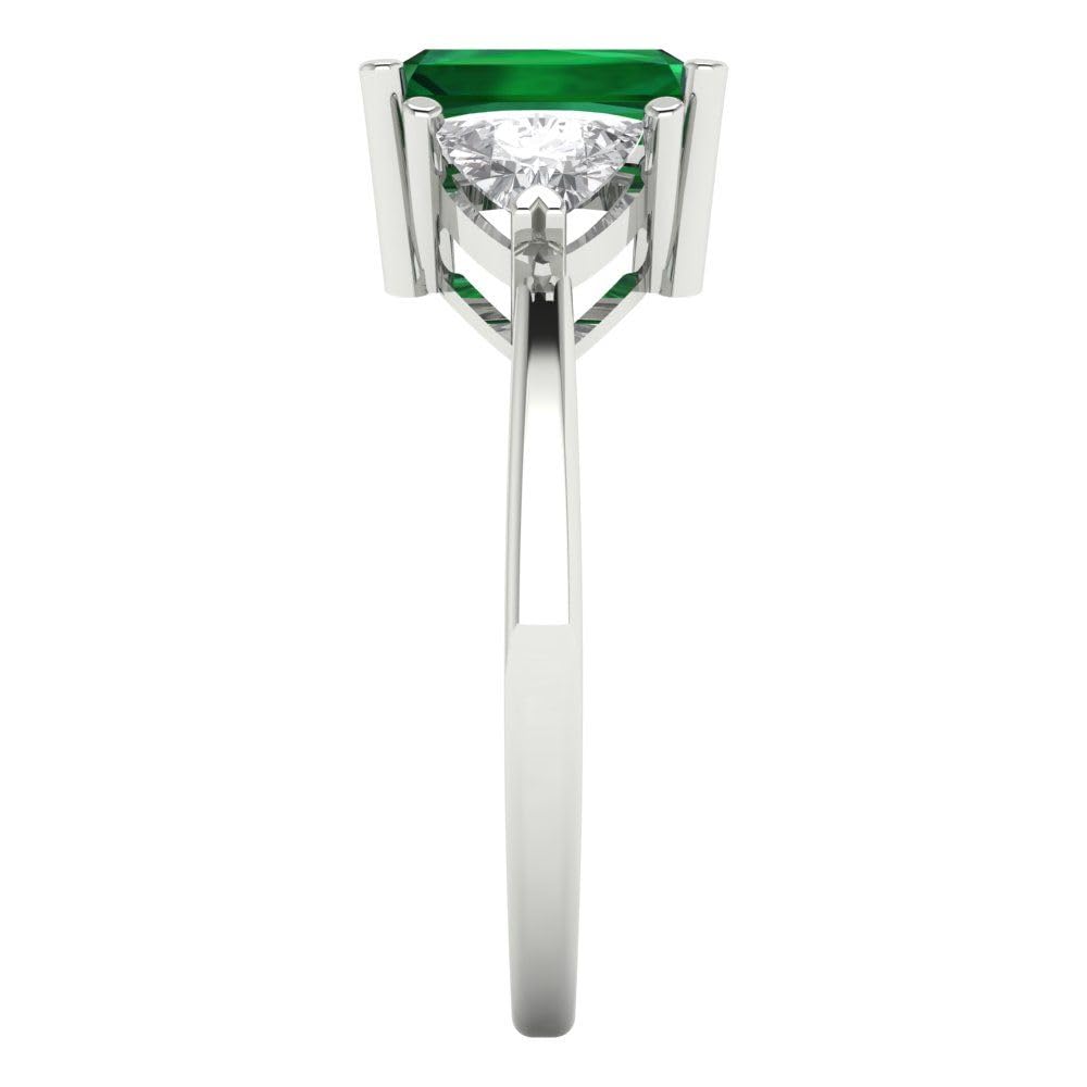 Clara Pucci 2.97ct Emerald Trillion cut 3 stone Solitaire Green Emerald designer Modern Statement Ring 14k White Gold Size 8.5