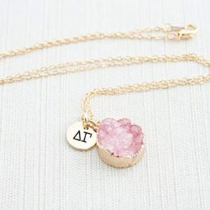 Sorority Shop DG Necklace - Delta Gamma Pink Druzy Gemstone Necklace With Engraved Pendant – 14K Gold Dipped Jewelry with Pink Gemstone – Sorority Gift, Charm Paraphernalia