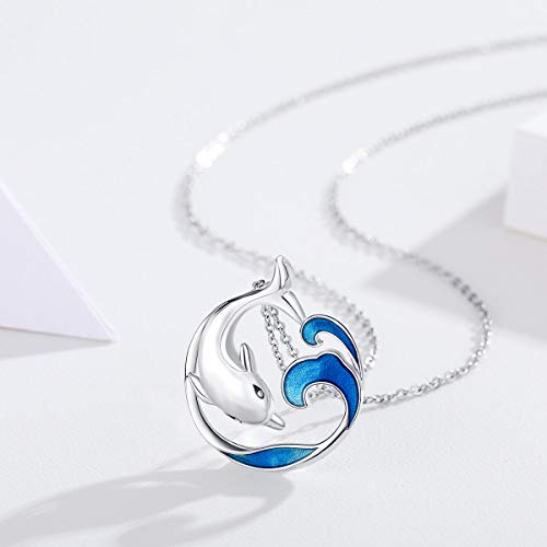 CUOKA MIRACLE Dolphin Necklace S925 Sterling Silver Cute Dolphin Necklace Ocean Wave Pendant Beach Themes Ocean Wave Jewelry Dolphin Gifts for Women Birthday