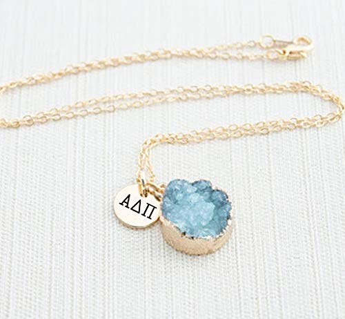 Sorority Shop ADP Necklace - Alpha Delta Pi Blue Druzy Gemstone Necklace With Engraved Pendant – 14K Gold Dipped Jewelry with Blue Gemstone – Sorority Gift, Charm Paraphernalia