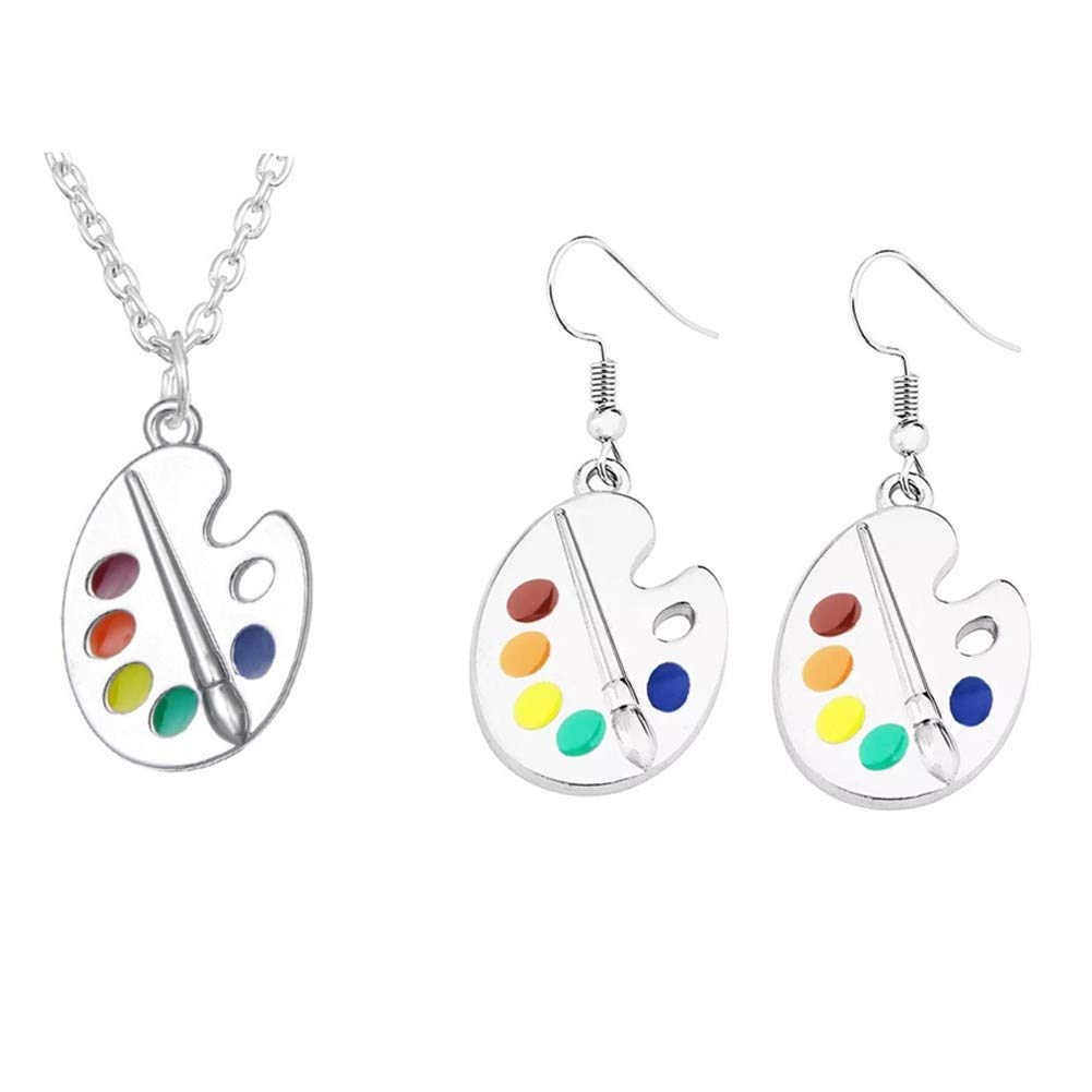 Unique Charm Paint Palette Dangle Earrings Necklace Set Paint Brush Drop Earrings Colorful Paint Palette Drop Earrings for Women Artist Painter Jewelry