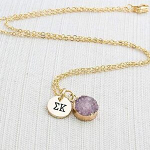 Sorority Shop SK Necklace - Sigma Kappa Purple Druzy Gemstone Necklace With Engraved Pendant – 14K Gold Dipped Jewelry with Purple Gemstone – Sorority Gift, Charm Paraphernalia