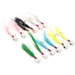 YZD 12 Piece Crappie jig Head Fishing Lure Hook with Feather Fly Fishing Panfish Sunfish Hair Jig Bait 1/16oz (6 Color Mix)