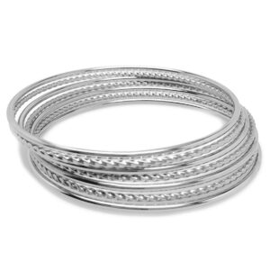 Loralyn Designs Thin Silver Stainless Steel Textured Bangle Bracelet Set of 7 (L - 9")