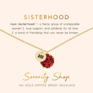 Sorority Shop AOP Necklace - Alpha Omicron Pi Red Druzy Gemstone Necklace With Engraved Pendant – 14K Gold Dipped Jewelry with Red Gemstone – Sorority Gift, Charm Paraphernalia