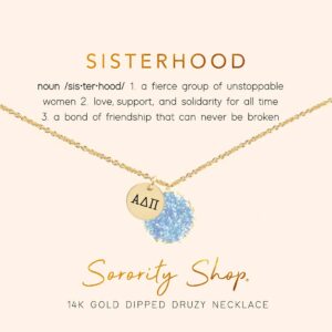 sorority shop adp necklace - alpha delta pi blue druzy gemstone necklace with engraved pendant – 14k gold dipped jewelry with blue gemstone – sorority gift, charm paraphernalia