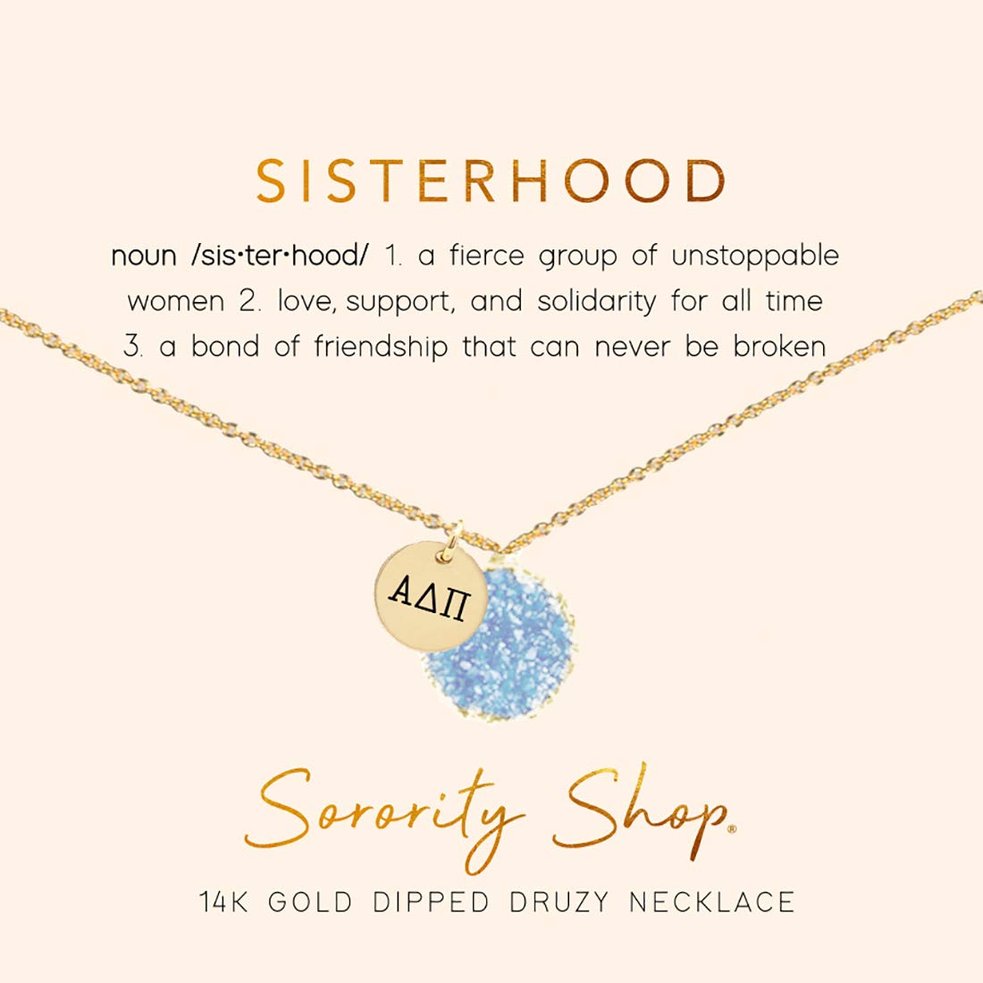 Sorority Shop ADP Necklace - Alpha Delta Pi Blue Druzy Gemstone Necklace With Engraved Pendant – 14K Gold Dipped Jewelry with Blue Gemstone – Sorority Gift, Charm Paraphernalia