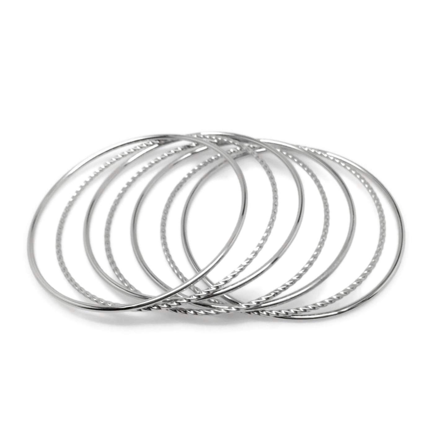 Loralyn Designs Thin Silver Stainless Steel Textured Bangle Bracelet Set of 7 (L - 9")