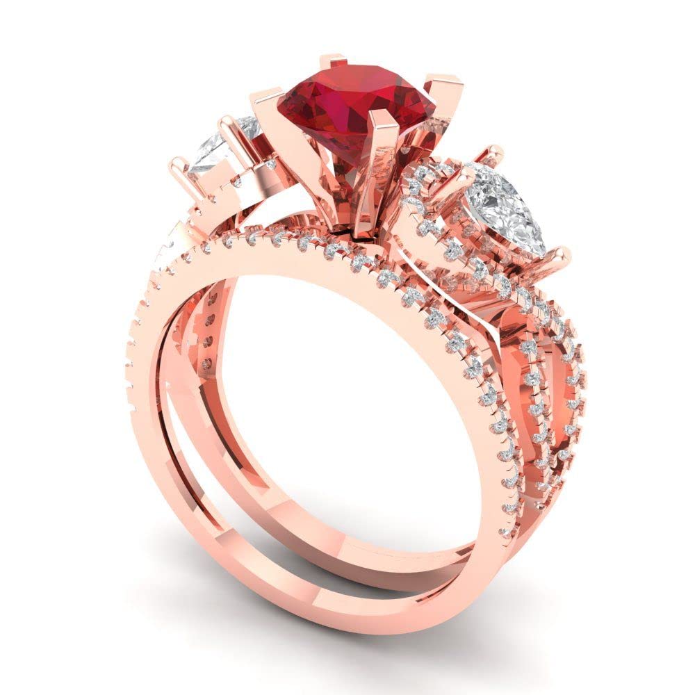 Clara Pucci 1.94 carat Round Cut Solitaire 3 stone Simulated Red Ruby Wedding Anniversary Bridal ring band set 14k Rose Gold 10.25