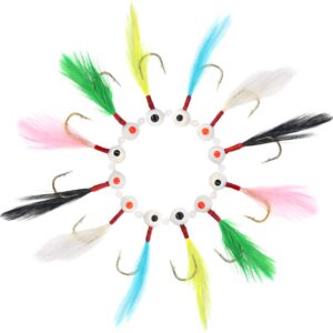 YZD 12 Piece Crappie jig Head Fishing Lure Hook with Feather Fly Fishing Panfish Sunfish Hair Jig Bait 1/16oz (6 Color Mix)