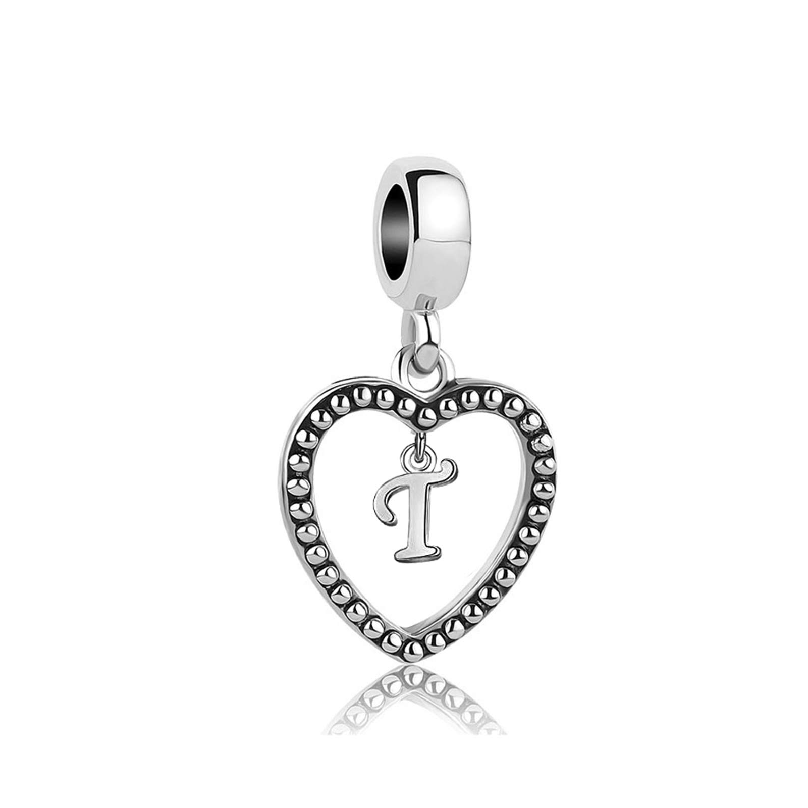 SBI Jewelry T Initial Name Charm Compatible with Pandora Charm Bracelet Christmas Family Women Heart Letter Silver Dangle Anniversary Birthday