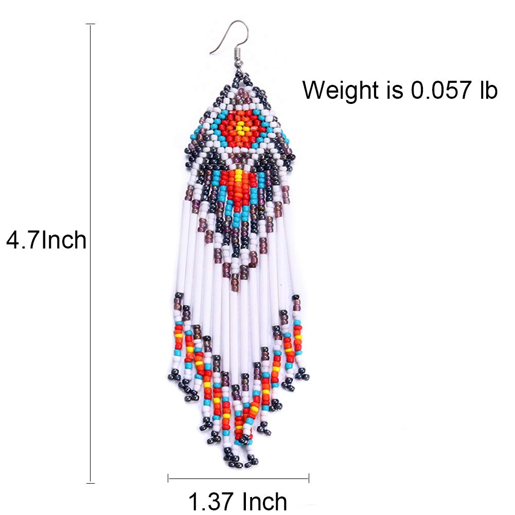 Coeufuedy White Beaded Earrings for Women Seed Bead Earrings Bohemian Statement Drop Fringe Earring for Girls(White)