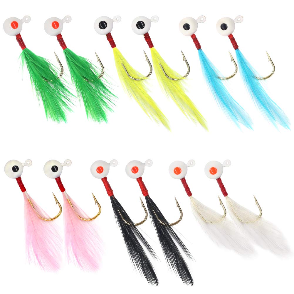 YZD 12 Piece Crappie jig Head Fishing Lure Hook with Feather Fly Fishing Panfish Sunfish Hair Jig Bait 1/16oz (6 Color Mix)