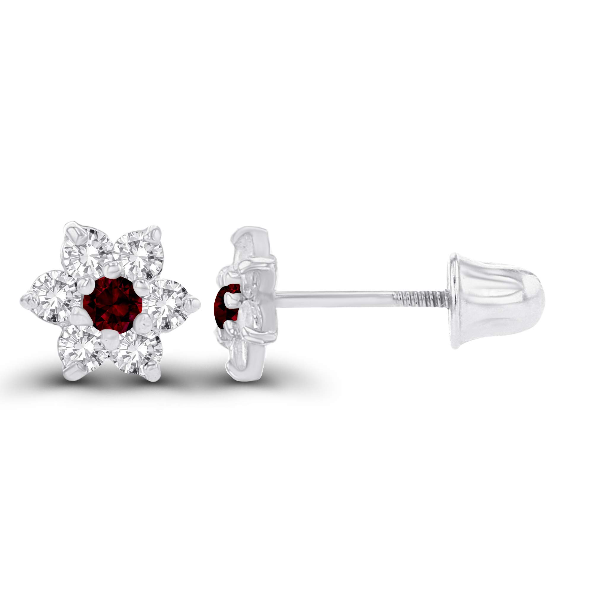 Solid 14K Rose Gold 1.50mm Natural Red Garnet January Birthstone Flower Screwback Stud Earrings | 5mm Flower Earrings | 1.25mm Created White Sapphire Flower Screwback Earring