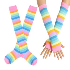 sherrydc womens girls cosplay rainbow striped knee high socks leg arm warmer fingerless gloves set