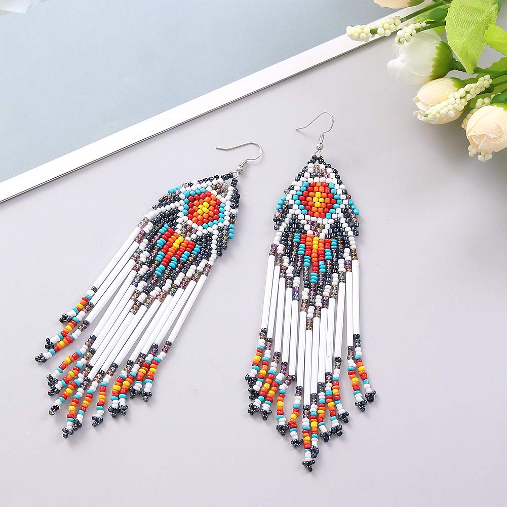 Coeufuedy White Beaded Earrings for Women Seed Bead Earrings Bohemian Statement Drop Fringe Earring for Girls(White)