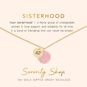 sorority shop dg necklace - delta gamma pink druzy gemstone necklace with engraved pendant – 14k gold dipped jewelry with pink gemstone – sorority gift, charm paraphernalia