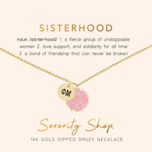 Sorority Shop PM Necklace - Phi Mu Pink Druzy Gemstone Necklace With Engraved Pendant – 14K Gold Dipped Jewelry with Pink Gemstone – Sorority Gift, Charm Paraphernalia