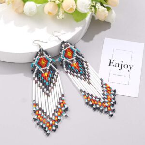 Coeufuedy White Beaded Earrings for Women Seed Bead Earrings Bohemian Statement Drop Fringe Earring for Girls(White)