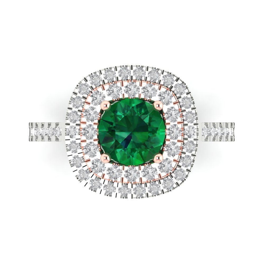 Clara Pucci 1.72ct Round Cut Solitaire double Halo Green Emerald designer Modern Statement Accent Ring 14k two tone Gold 7.25