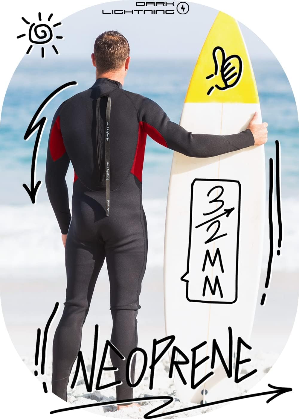 Dark Lightning Full Body Wetsuits for Men,Wet Suit for Men Cold Water Swimming, Diving Surfing Snorkeling Kayaking Triathlon Wetsuit Men, Black,3/2mm, Large