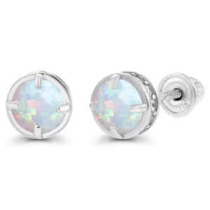 Solid 14K White Gold 4mm Created Opal October Birthstone Screwback Stud Earrings For Women | 5mm Basket Earrings | 1mm Created White Sapphire Screwback Earrings For Women