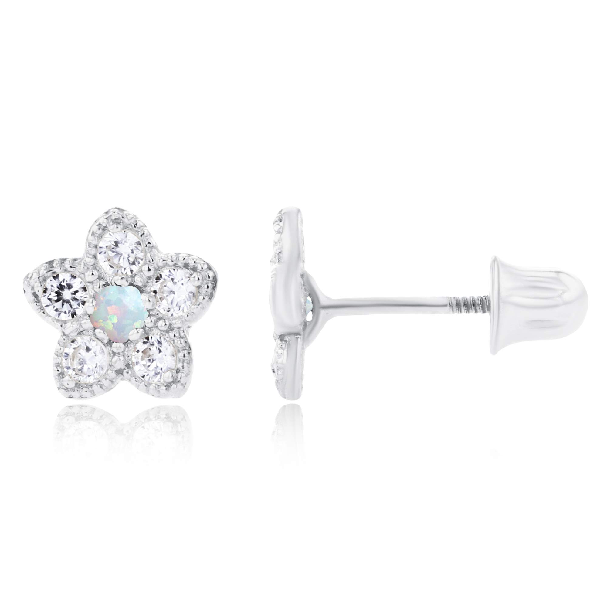 Solid 14K White Gold 6mm Flower 1.75mm Created Opal October Birthstone Screwback Stud Earrings | 1.50mm Created White Sapphire Flower Screwback Earrings For Women