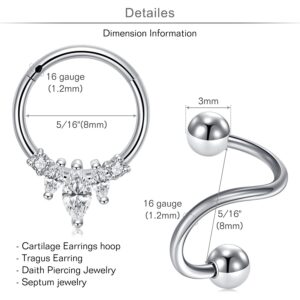 MODRSA 16G Cartilage Piercing Jewelry Tragus Earrings Forward Helix Piercing Jewelry for Women Stainless Steel Cubic Zirconia Stud Earrings Silve